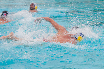Athletes swimming freestyle on a swimming pool