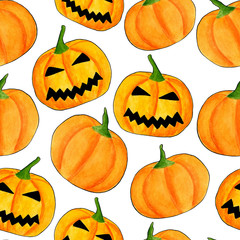 Watercolor halloween pumpkin seamless pattern. Hand drawn jack-o-lantern face illustration. Scary background design for wrapping paper, party invitations, banners