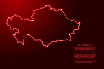 Kazakhstan map from the contour red brush lines different thickness and glowing stars on dark background. Vector illustration.