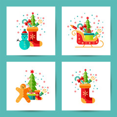 Merry Christmas and Happy New Year cards vector illustration set. Design element isolated on white background. Great for flyer, decoration, postcard, banner, poster. Flat and line style design.