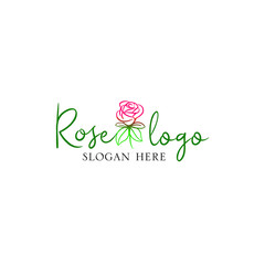 Simple red rose logo template with green leaves