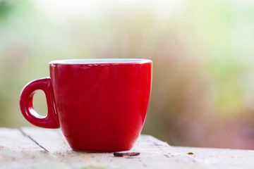 Red coffee cup in the morning garden