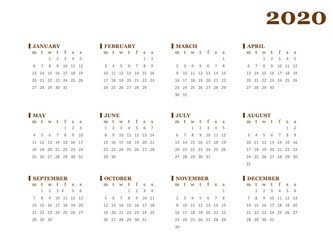 calendario para el año 2020