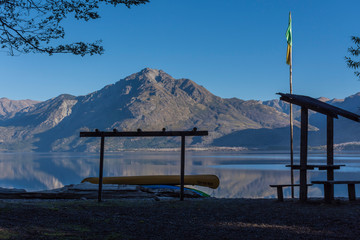 Lakeside view of calm Epuyen lake in Puerto Patriada, Patagonia, Argentina