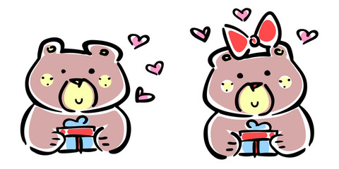 Naklejka premium Vector illustration, set of line hand drawn girl and boy bears with gifts and heart signs. Applicable for Saint Valentine’s Day concepts, love designs, greeting cards, banners, flyers etc.