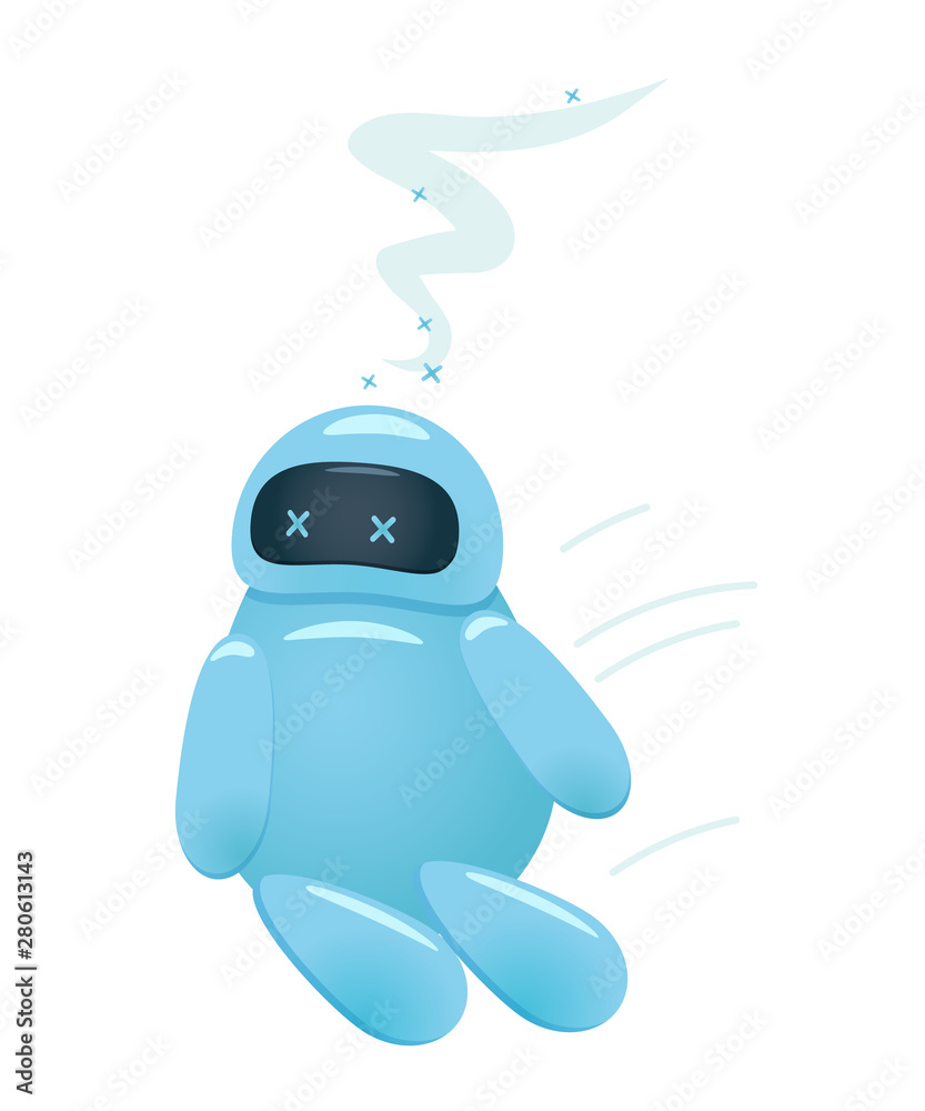 Poster tired or overworked ai robot falls to the ground.