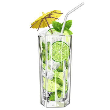Mojito cocktail in tall glass with ice, mint leaves, straw and decoration. Realistic vector illustration isolated on white background.
