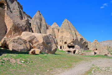 An ancient cave settlement in the mountains of Cappadocia, long abandoned by people.