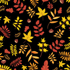 Naklejka na ściany i meble Autumn natural seamless pattern. Fall background of red and yellow leaves, acorns, chestnuts, twigs.