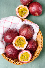 Fresh passion fruit in a basket, tropical and healthy fruit