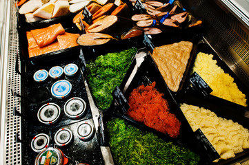 Various caviar for sale at supermarket.