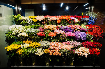 Fllower shop with colourful flowers at supermaket.