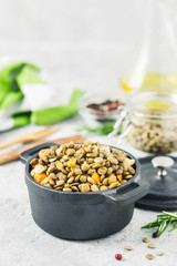 Vegetarian dish, lentils with vegetables in pot. Selective focus, space for text.