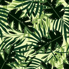 Trend seamless pattern with bright tropical leaves and plants on a light green background. Vector design. Jungle print. Floral background. Printing and textiles. Exotic tropics. Summer design.