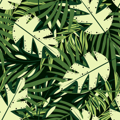 Trend seamless pattern with bright tropical leaves and plants on a green background. Vector design. Jungle print. Floral background. Printing and textiles. Exotic tropics. Summer design.