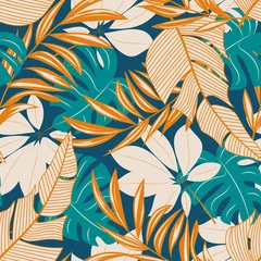 Behang Tropische bladeren Abstracte naadloze patroon met kleurrijke tropische bladeren en bloemen op een pastel achtergrond. Vectorontwerp. Jungleprint. Bloemen achtergrond. Bedrukking en textiel. Exotische tropen. Zomer ontwerp.