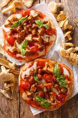 Delicious pizza with chanterelle mushrooms, mozzarella cheese, tomatoes and basil close-up on parchment. Vertical top view