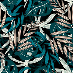 Summer trend seamless pattern with bright tropical leaves and plants on a dark background. Vector design. Jungle print. Floral background. Printing and textiles. Exotic tropics. Summer design.