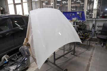 Painting and drying in a professional box of car body parts after applying putty and paint hood in...