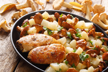 Boiled potatoes with chanterelles served with fried chicken breast close-up on a plate. horizontal