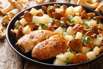 Spicy baked chicken breast with potato garnish and chanterelles with grains on the plate. horizontal
