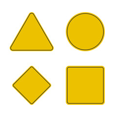 Vector set of warning sign templates. 4 empty yellow black backgrounds with place for your text. Illustration consists of triangle, rhombus, circle, square with frames isolated. Fully editable file.