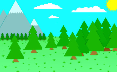 Fototapeta premium Illustration. Meadow with coniferous trees, mountains with snow-capped peaks in the background and sun and white clouds in the blue sky.