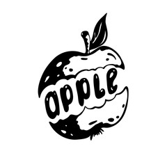 Graphic black and white apple on white background with inscription apple inside. Great illustration for food design.