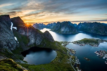 View from Reinebringen, Reinebriggen, 442m, midnight sun, towards Hamnoy, Reine and Reinefjord with mountains, Moskenes, Moskenes¯y, Lofoten, Norway, Europe