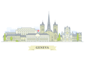 Obraz premium Geneva, Switzerland - old town, city panorama with landmarks of Geneva