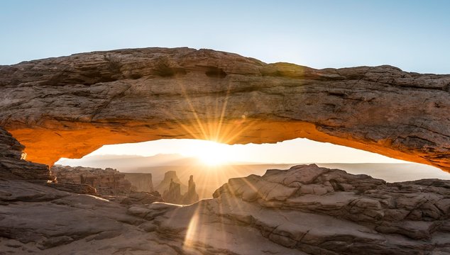 View through Natural Arch, Mesa Arch, Sunrise, Grand View Point Road, Island in the Sky, Canyonlands National Park, Moab, Utah, USA, North America