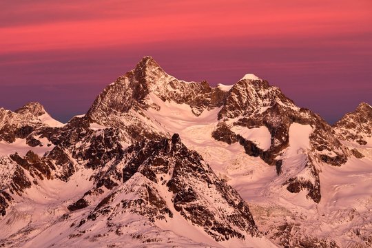 Snow-capped Ober Gabelhorn and Wellenkuppe at dawn, Pennine Alps, Gornergrat, Zermatt, Valais, Switzerland, Europe