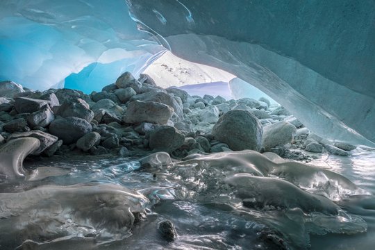 Ice cover in the glacier cave, Glacier Gate, Zinal Glacier, Zinal, Val d' Anniviers, Valais, Switzerland, Europe