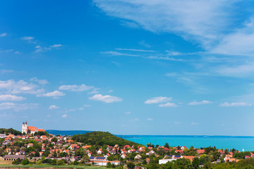 Tihany abbey and the village on the hill with lake Balaton in the background in Hungary