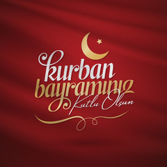 Feast of the Sacrifice Greeting (Eid al-Adha Mubarak) (Turkish: Kurban Bayraminiz Kutlu Olsun) Holy days of muslim community. Billboard, Poster, Social Media, Greeting Card template.