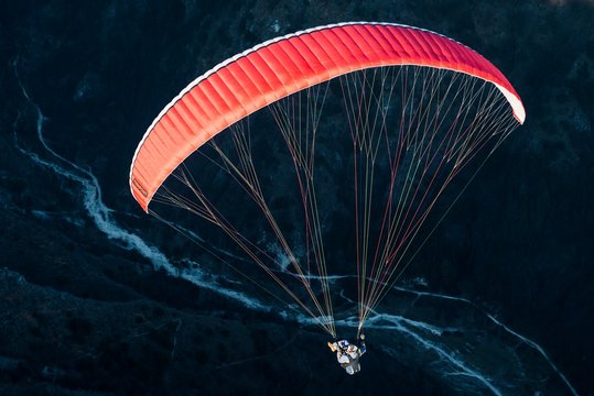 Paraglider, paragliding near Monte Grappa, at Semonzo, Veneto, Italy, Europe