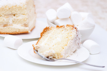 A piece of cake with white cream and  coconut chips, marshmallow on plate