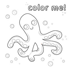 Outline octopus. Coloring page. Black and white octopus cartoon character. Vector illustration isolated on white background. marine animals coloring book. Game for kids.