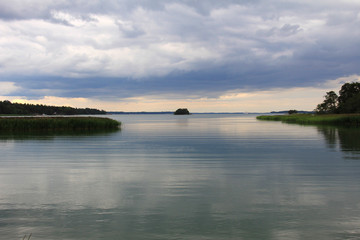 Trees and grass on shore of a large lake