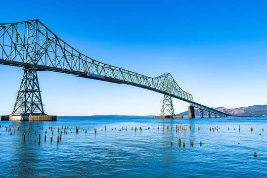 A section of the Astoria-Megler Bridge, a steel cantilever through truss bridge in the United States between Astoria, Oregon, and Point Ellice near Megler, Washington, over the Columbia River.