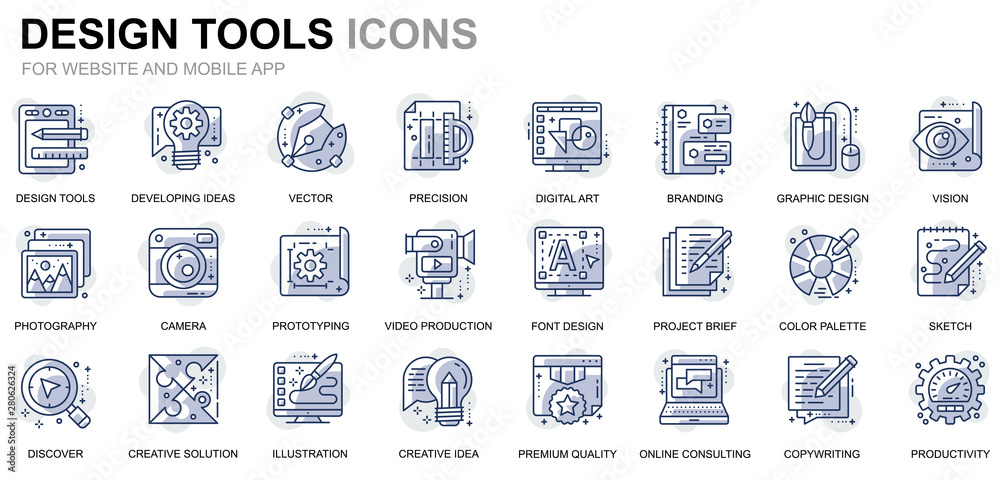 Poster simple set design tools line icons for website and mobile apps. contains such icons as creative, dev