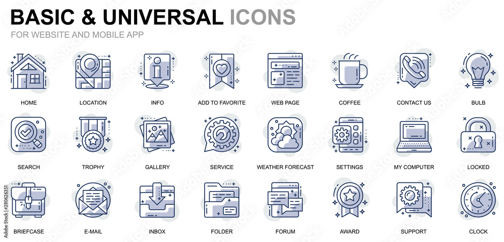 Leinwandbilder Simple Set Basic Line Icons for Website and Mobile Apps. Contains such Icons as Location, Briefcase, Lamp, Support, Business, Award. Conceptual color line icon. Vector pictogram pack.