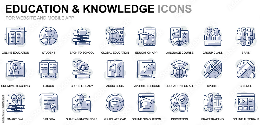 Poster Simple Set Education and Knowledge Line Icons for Website and Mobile Apps. Contains such Icons as Studying, School, Graduation, E-Book. Conceptual color line icon. Vector pictogram pack.