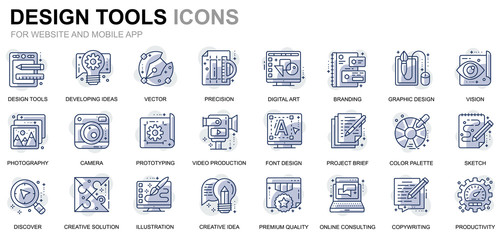 Simple Set Design Tools Line Icons for Website and Mobile Apps. Contains such Icons as Creative, Developing, Precision, Vision, Sketch. Conceptual color line icon. Vector pictogram pack.