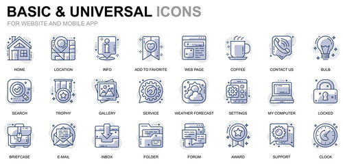 Simple Set Basic Line Icons for Website and Mobile Apps. Contains such Icons as Location, Briefcase, Lamp, Support, Business, Award. Conceptual color line icon. Vector pictogram pack.