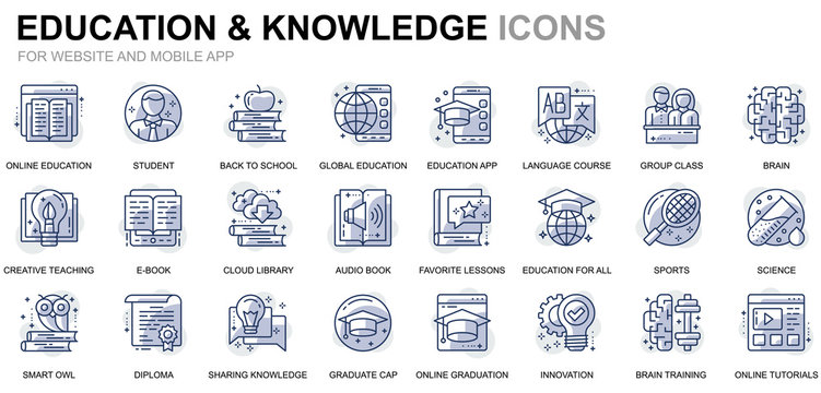 Simple Set Education and Knowledge Line Icons for Website and Mobile Apps. Contains such Icons as Studying, School, Graduation, E-Book. Conceptual color line icon. Vector pictogram pack.