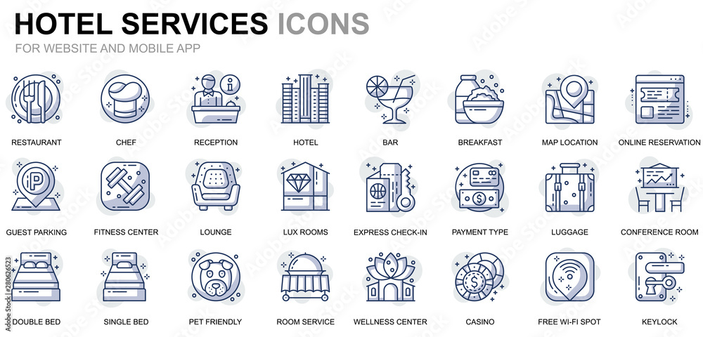 Aufkleber simple set hotel service line icons for website and mobile apps. contains such icons as restaurant, 