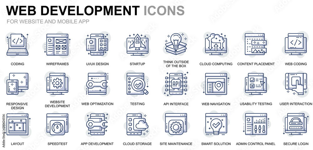 Fototapete Simple Set Web Disign and Development Line Icons for Website and Mobile Apps. Contains such Icons as Coding, App Development, Usability. Conceptual color line icon. Vector pictogram pack.