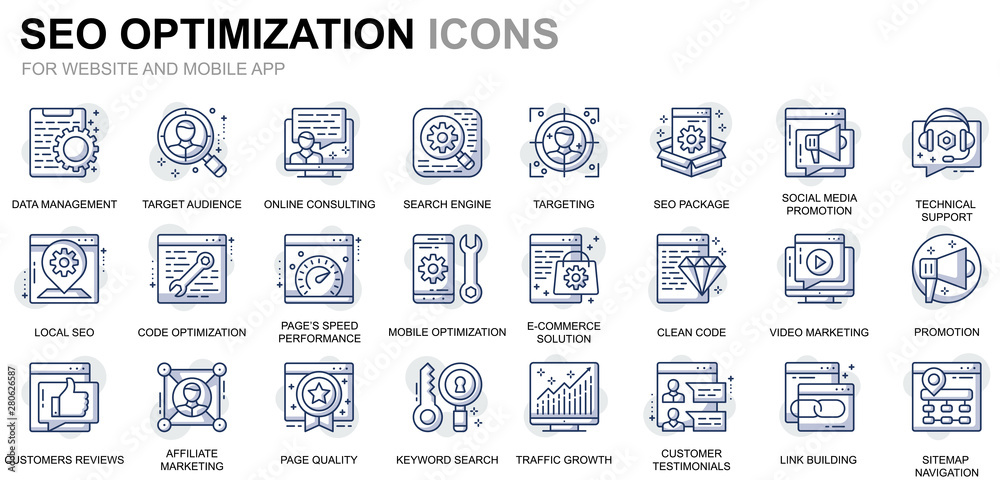 Poster simple set seo and web optimization line icons for website and mobile apps. contains such icons as t