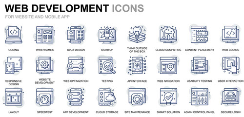 Simple Set Web Disign and Development Line Icons for Website and Mobile Apps. Contains such Icons as Coding, App Development, Usability. Conceptual color line icon. Vector pictogram pack.